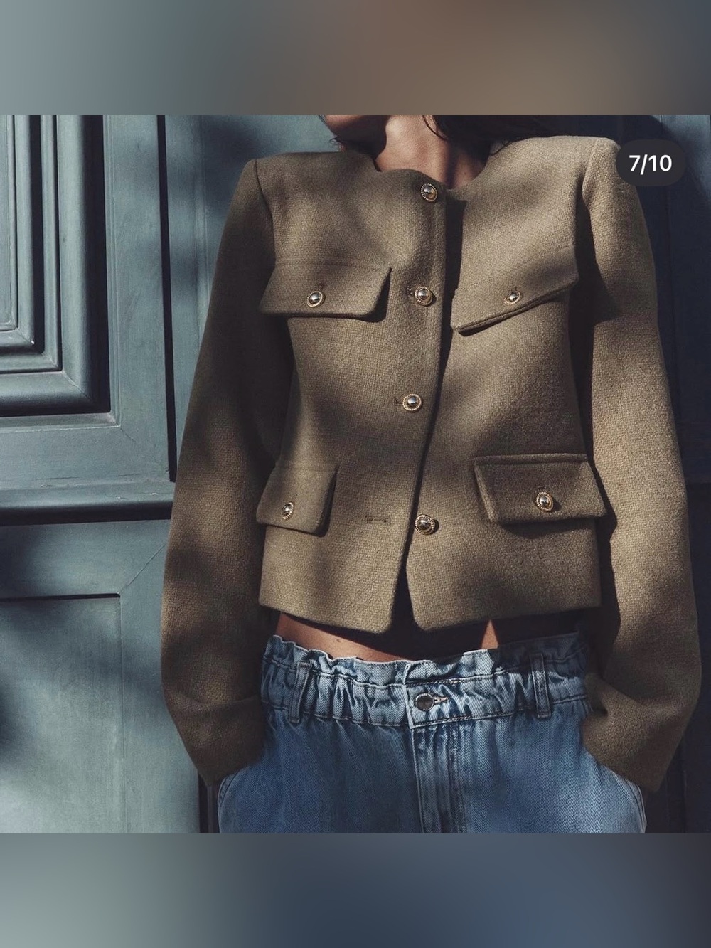 Zara Olive Green Cropped Button-Front Blazer, Size M